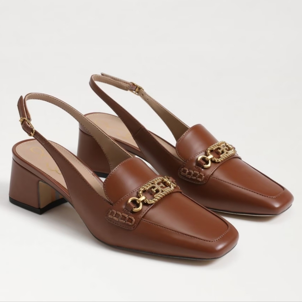 Sam Edelman Brown Leather Slingback Heels with Gold Chain